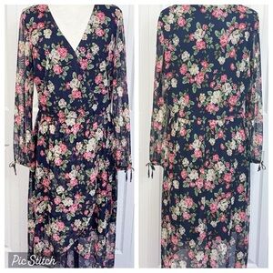 Alyx Navy Multi Floral Sheer Long Sleeve Faux Wrap High-Low Dress XL